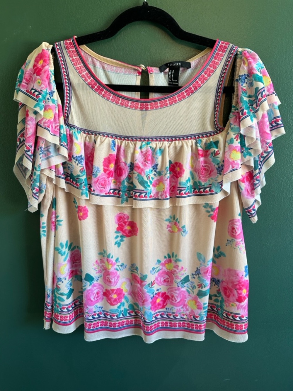 Forever 21 Floral Ruffle Cold Shoulder Top with Pink & Teal Print Size Medium